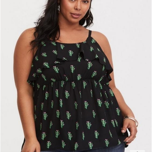 Torrid 0X Cactus Print Ruffle Chiffon Tank Top Black Green Adjustable Straps - Picture 11 of 12